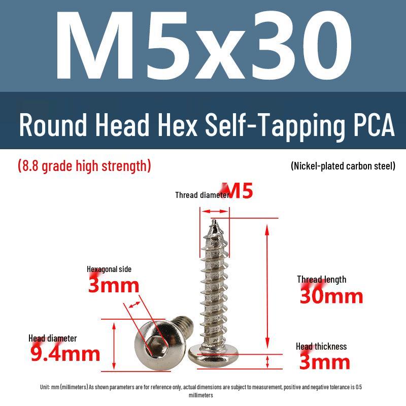 8.8 Grade Round Head Hex Socket Self-Tapping Screws M2-M4 Carbon Steel Bolts