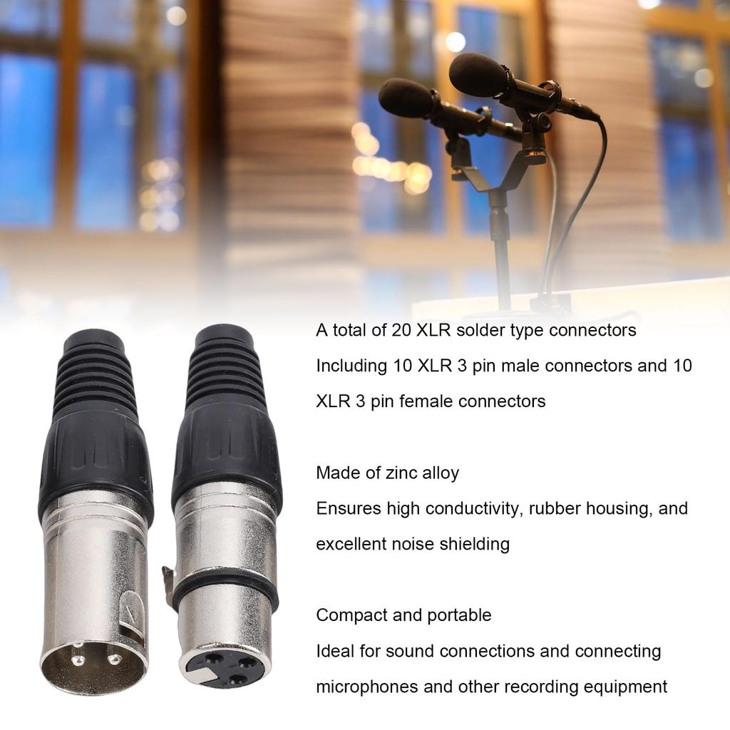 Akozon 20 Pieces 3-Pin XLR Solder Type Connectors Zinc Alloy Silver Microphone Sound Cable Plugs Ultra-Low Noise Suitable for Sound Setups
