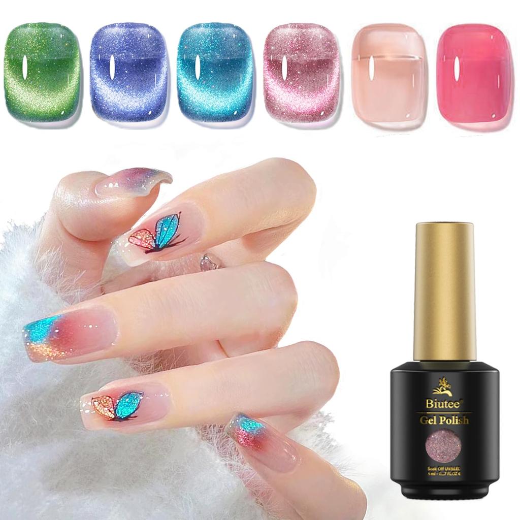 Biutee Gel Nail 6 Colors Magnetic Nail Cat Eye Fine Diamond Dazzling Shine Polish, Glittery, 8ml, UV/LED Compatible, Polish, Gel, Glitter, Gel,