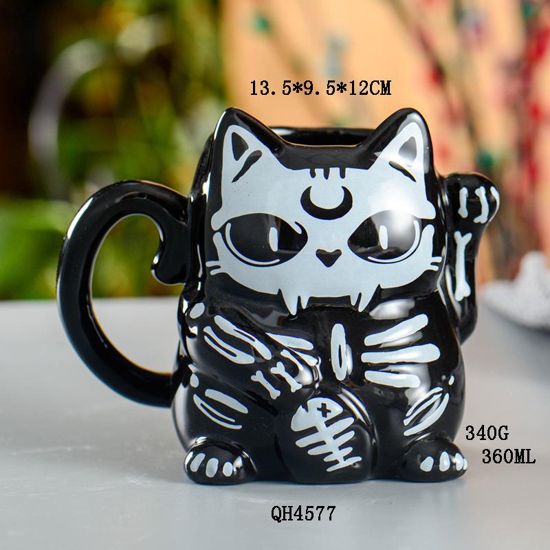 Halloween Skeleton Cat Ceramic Mug Cute Gothic Cup For Girls Office Coffee Tea Drinkware Home Desktop Gift Decoration