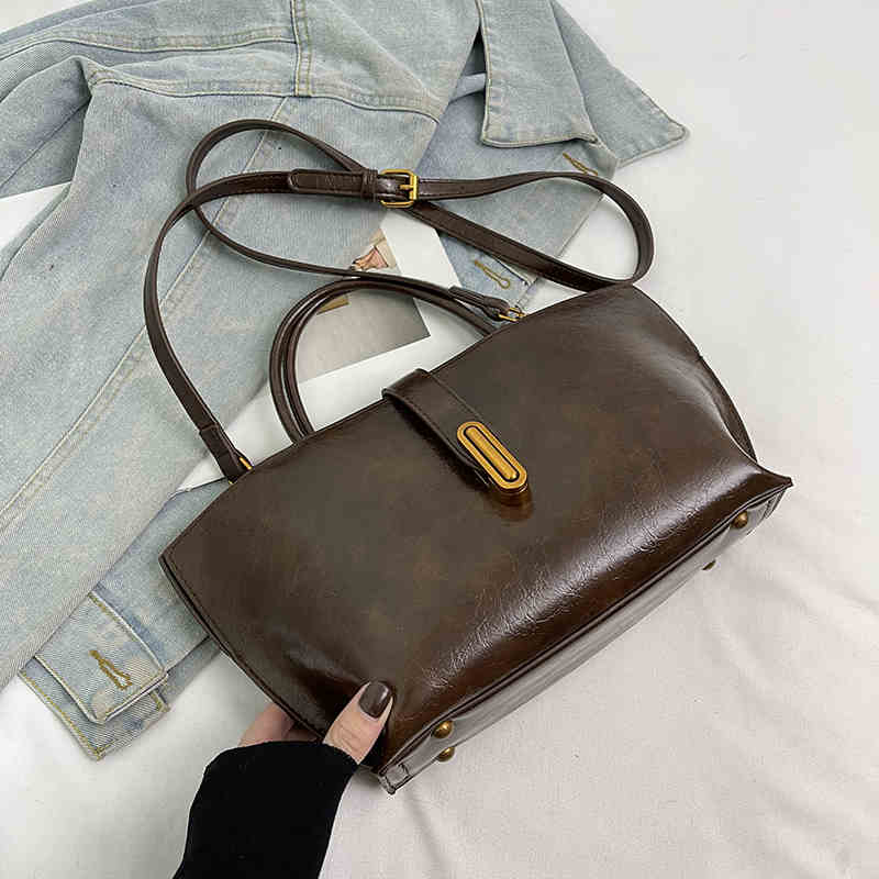 High-grade PU Leather Tote Bag For Women's 2025 Autumn Winter New Single Shoulder Bags Retro Versatile Solid Color Handbag