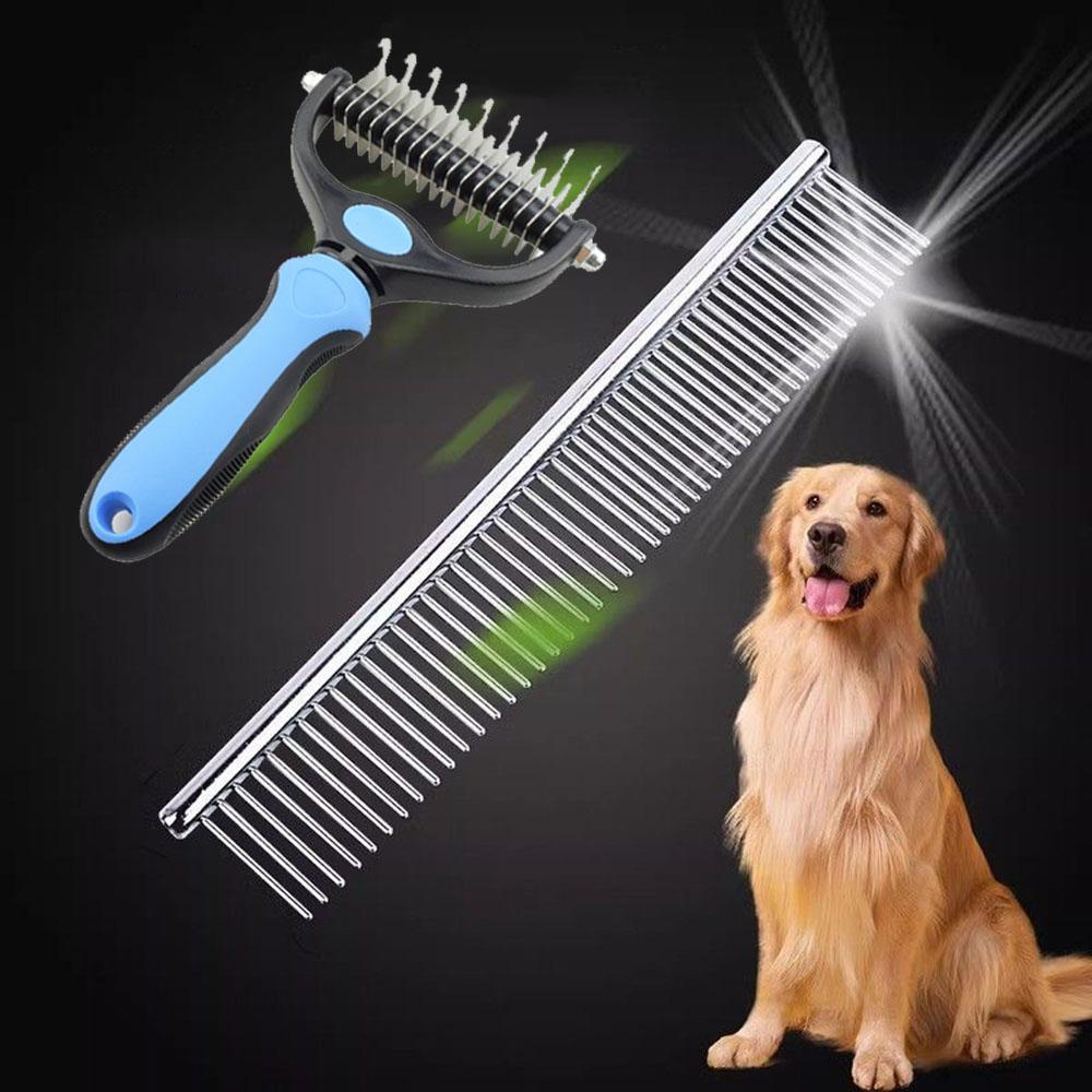 Pet Grooming Combo Stainless-Steel Comb and Dog Brush Professional Undercoat Rake Deshedding Tools for Long-Haired Dogs and Cats