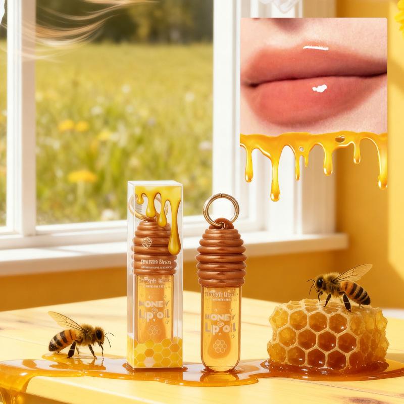 Honig Lippenöl Essenz Feuchtigkeitsspendender Lippenbalsam Hydrierender Lipgloss mit Schlüsselanhänger zum Aufhängen an der Tasche Aufpolsternder Lippen-Glanz