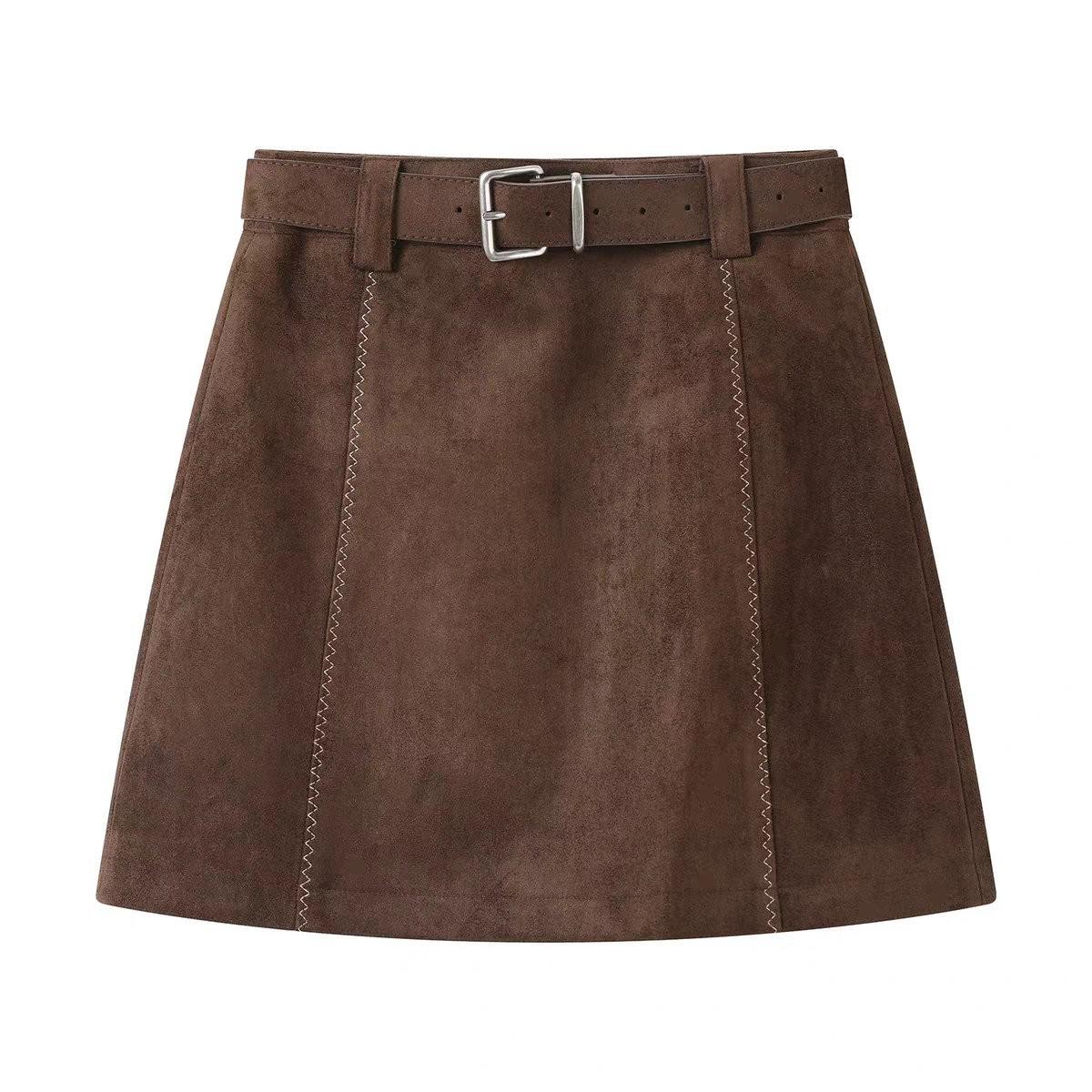 Women s Coffee Suede Mini Skirt: High Waist A-line for Spring & Autumn 2XL