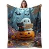 1pc Black Cat & Pumpkin Flannel Blanket - Spooky Halloween & Christmas Throw with BOO! Sign, Bats & Autumn Leaves Design - Soft Warm 280gsm All-Season