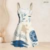 Women Plus Size Sweetheart Neck Strappy Off Shoulder Sleeveless Dress Abstract Printed Blue Beige Flared Hem