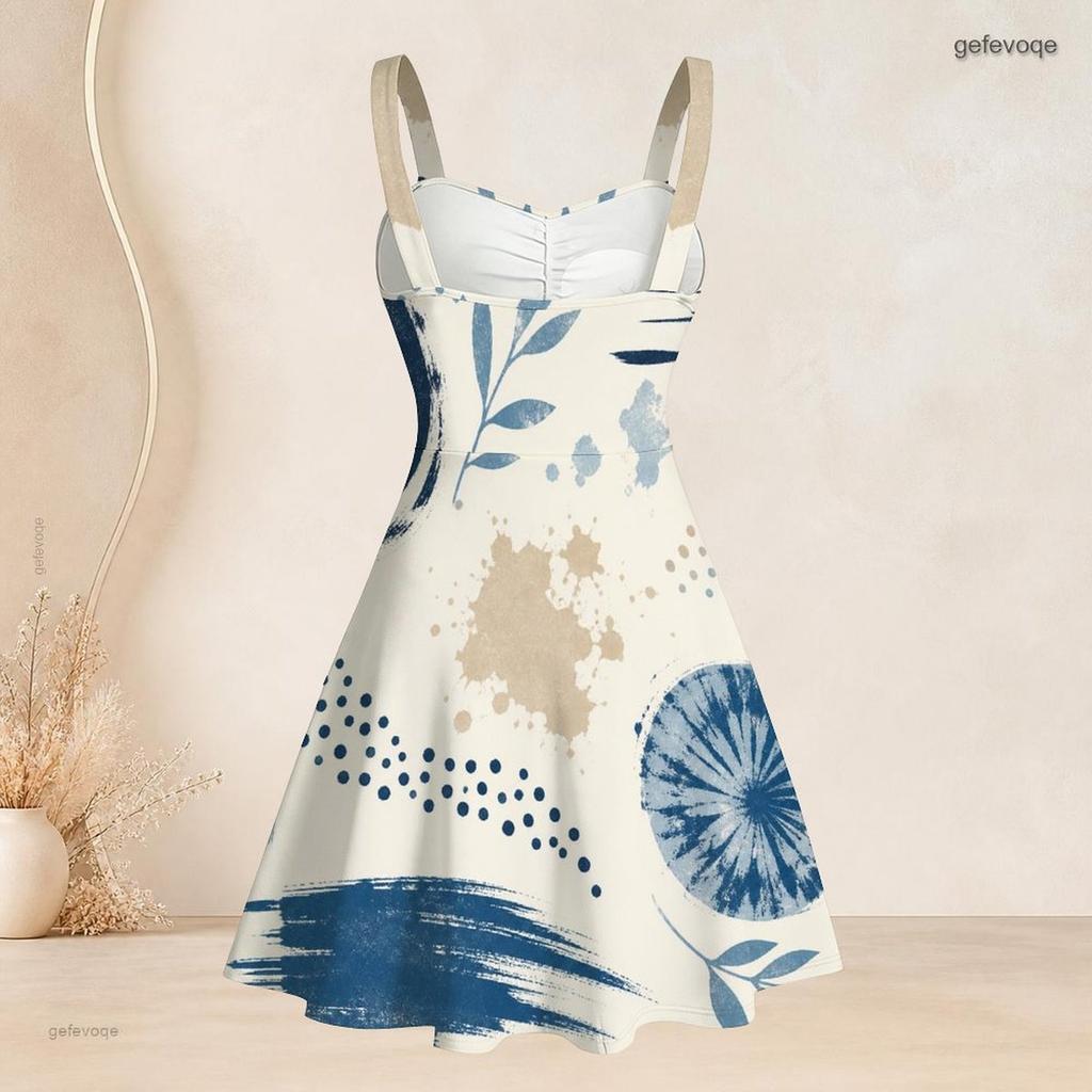 Women Plus Size Sweetheart Neck Strappy Off Shoulder Sleeveless Dress Abstract Printed Blue Beige Flared Hem