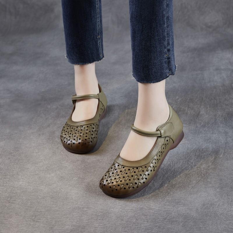 Johnature Pantofi de damă din piele naturală cu talpă moale, sandale plate confortabile, respirabile, decupate