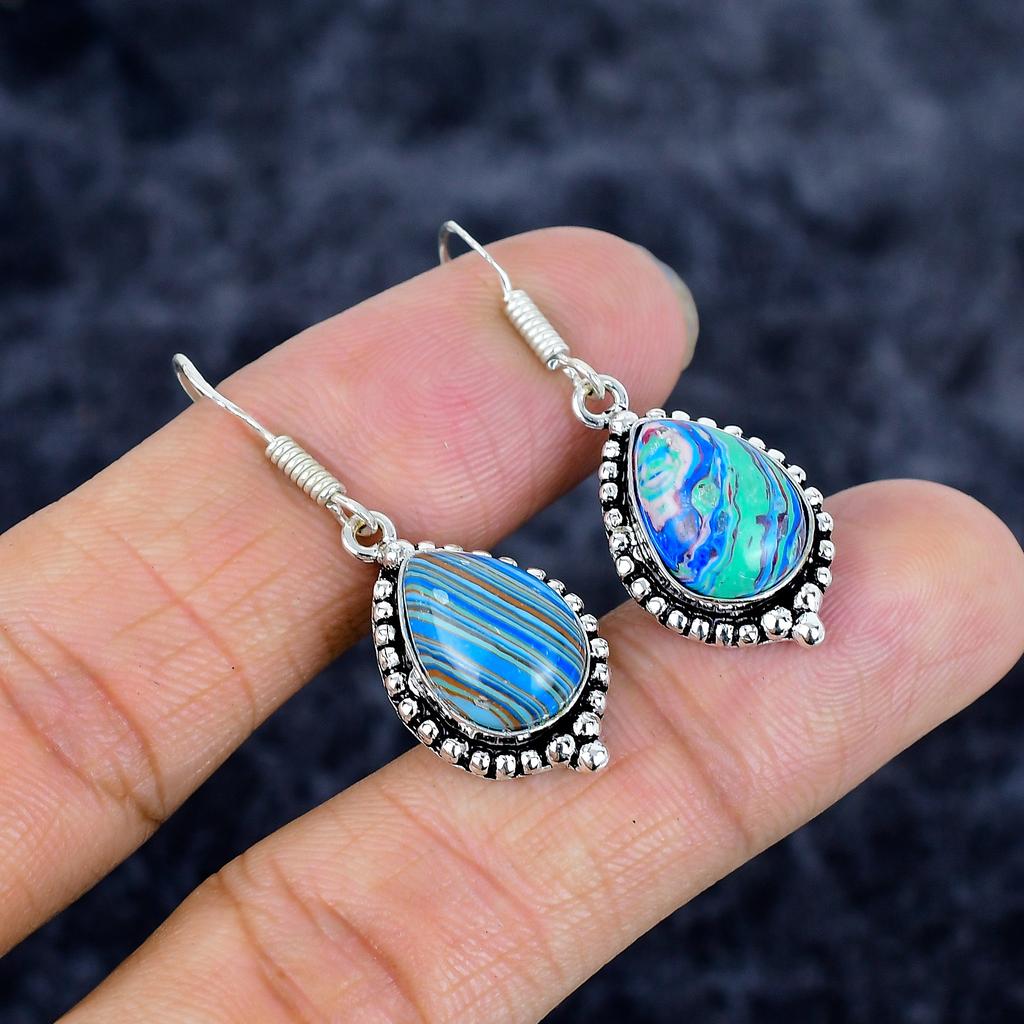 Rainbow Calsilica Gemstone 925 Sterling Silver Jewelry Earring 1.58" M-3359