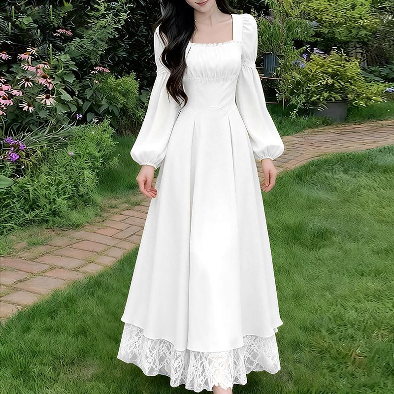 ZANZEA Women Elegant Square Collar Long Sleeve Lace Splice Hem Casual Long Dress