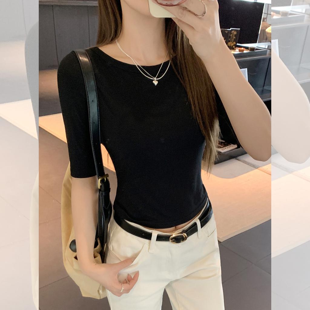 Black Sexy Hollowed-out Backless Lace-up Short-sleeved T-shirt for Women's Autumn Slim-fitting and Thin Babes