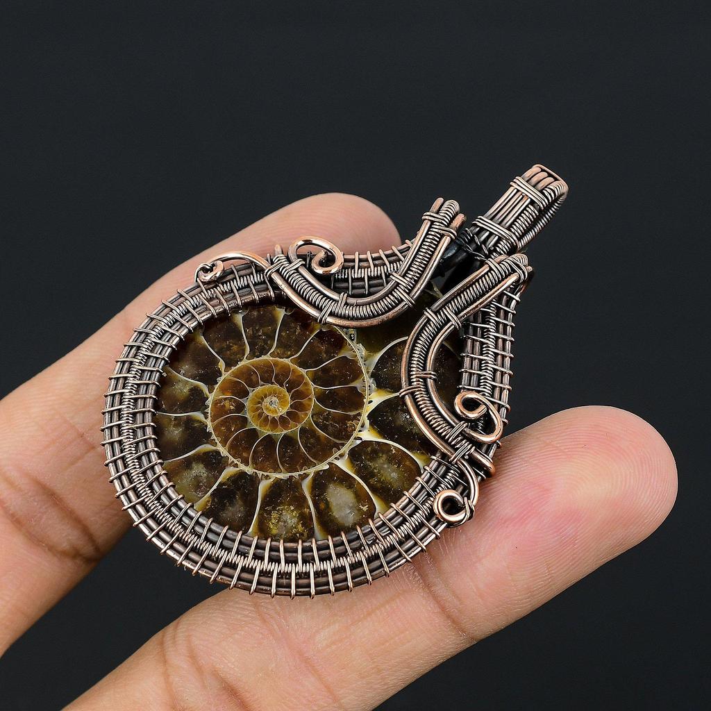 Ammonite Fossil 999 Copper Wire Wrapped Pendant, Handmade Gemstone Jewelry Pendant For Memorial Day
