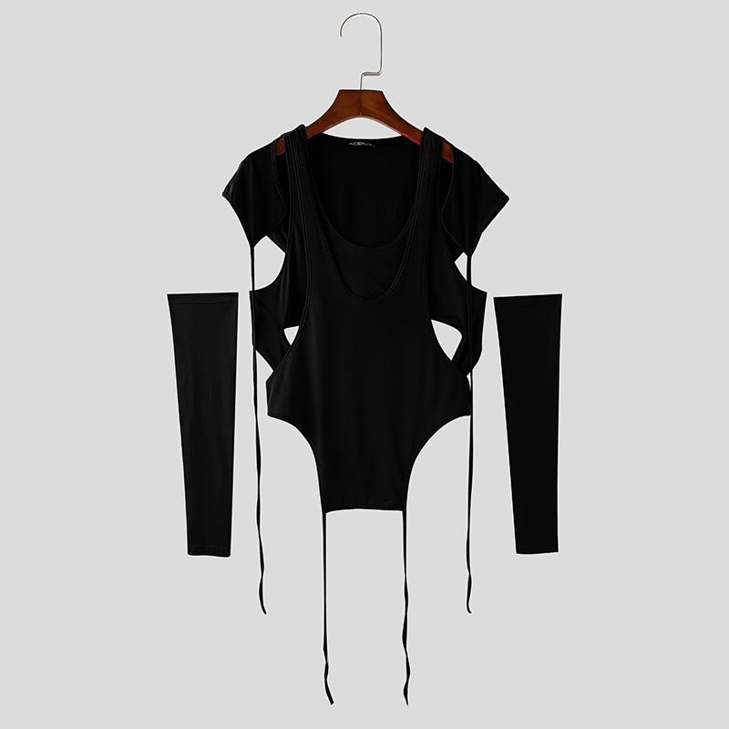 

INCERUN Men Summer Sleeveless Oversleeve Cutout Irregular Bandage Back Front Cross Hooded Tank Tops M чёрный