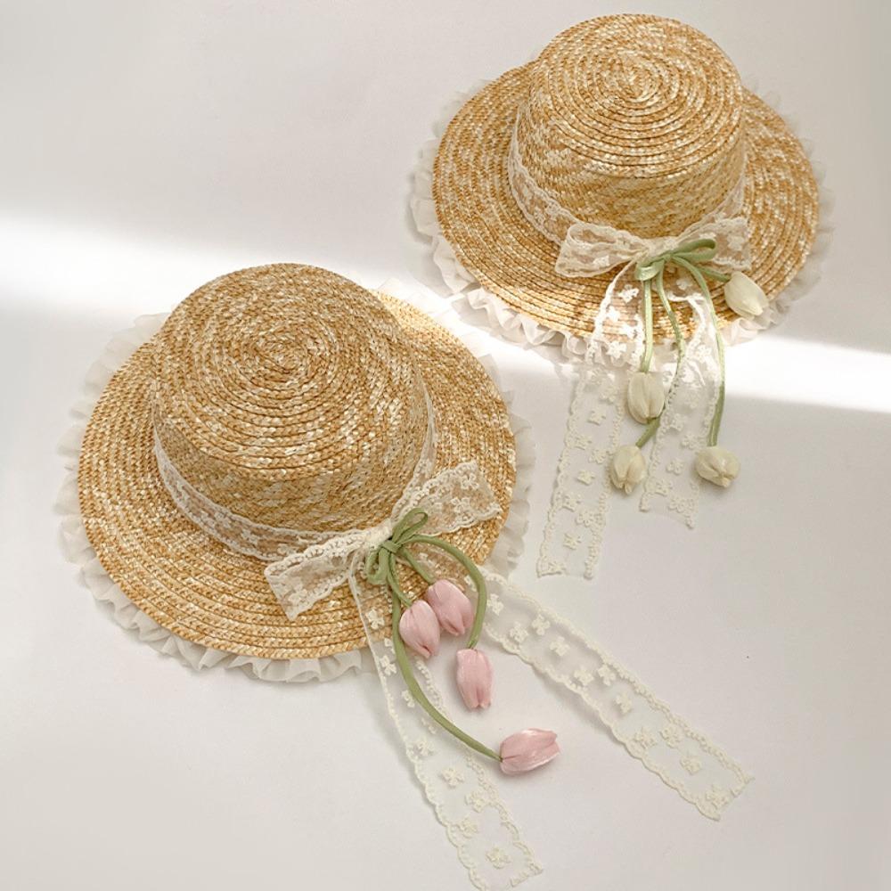 Flower Lace Bow Straw Hat Sunscreen Summer Beach Sun Hat  Beautiful Scenery
