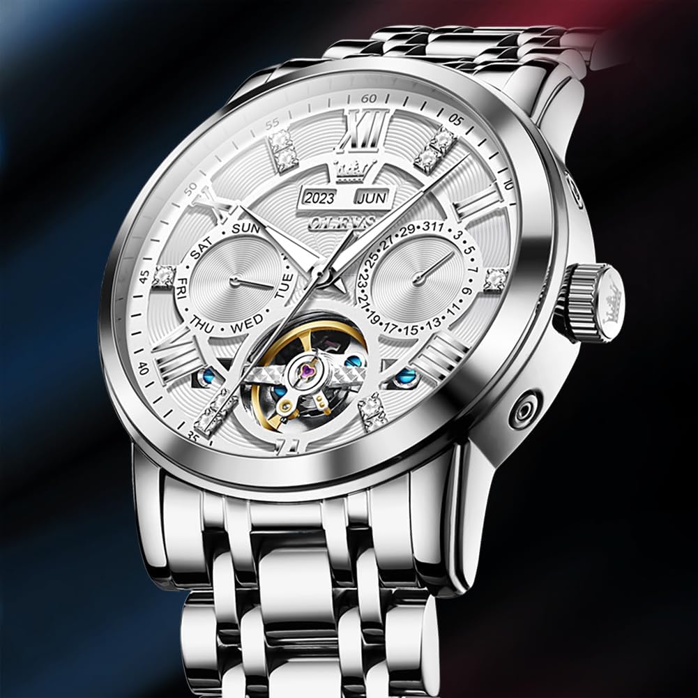 OLEVS Men's Mechanical Automatic & Manual Winding Watch with Perpetual Calendar, Skeleton Design, Metal Band, Retro Style, Luminous, Waterproof, White