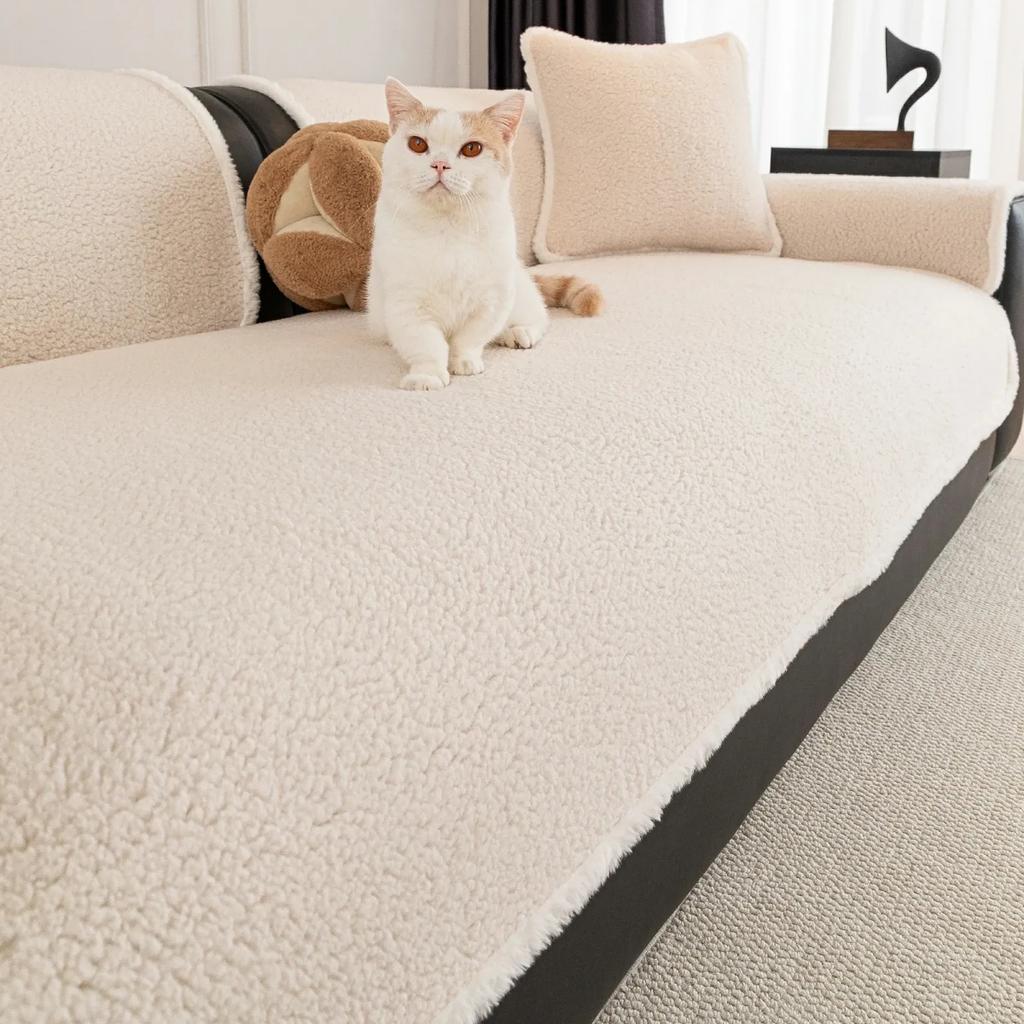 Warm Solid Sherpa Fleece Sofa Cover with Fluffy Binding, Non-slip Soft Sofa Towel Couch Cover For Living Room Winter Home Decor