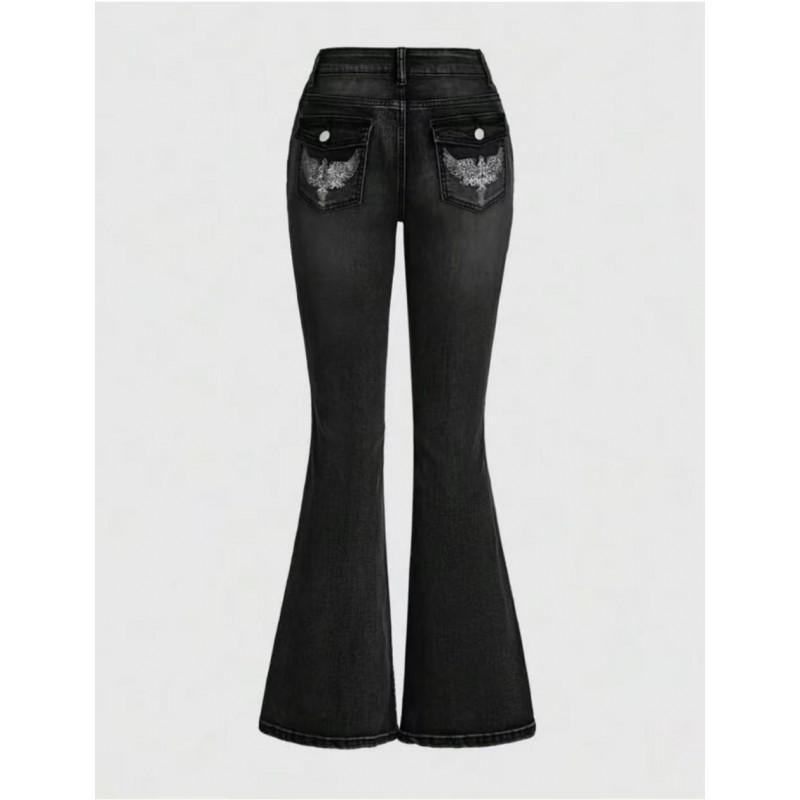 Womens Stradivarius Butterfly Embroidered Jeans Y2K Washed Low Rise Flare Leg Long
