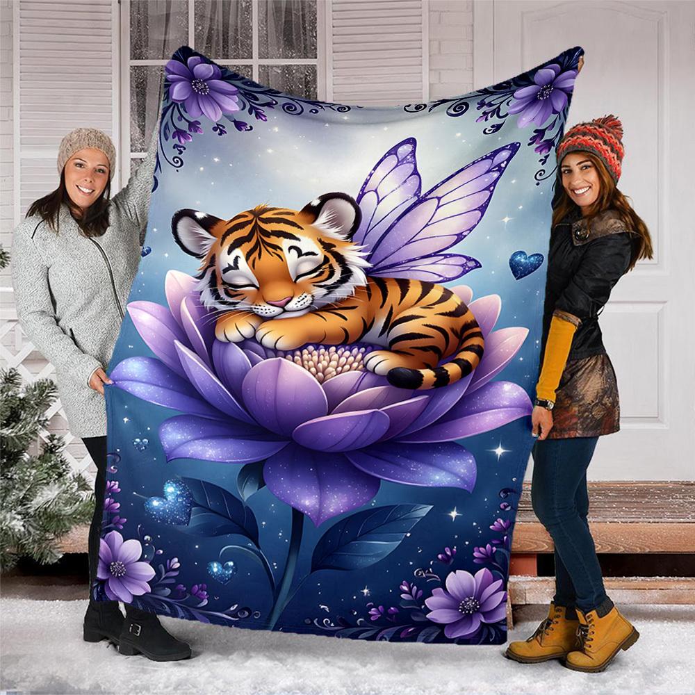 1pc Tiger Fairy Flower Throw Blanket Polyester Fiber, Lightweight Flannel, Soft & Warm, All Season Use for Outdoor, Camping Digital Print