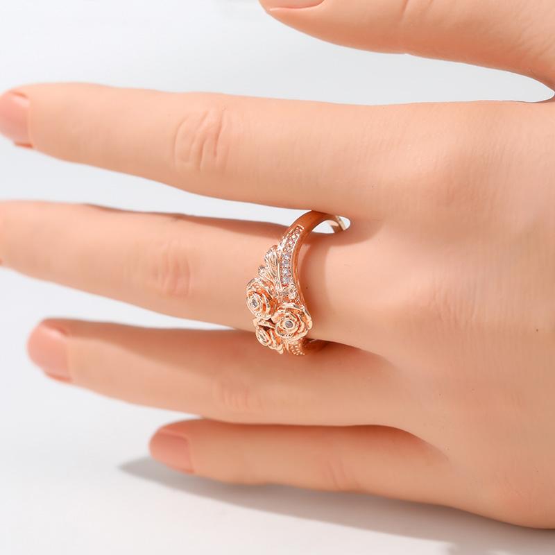Vintage Inlaid White CZ Rose Flower Women's Ring Classic Gold Color Hand Carving Daily Wear Party Jewelry Anniversary Gift