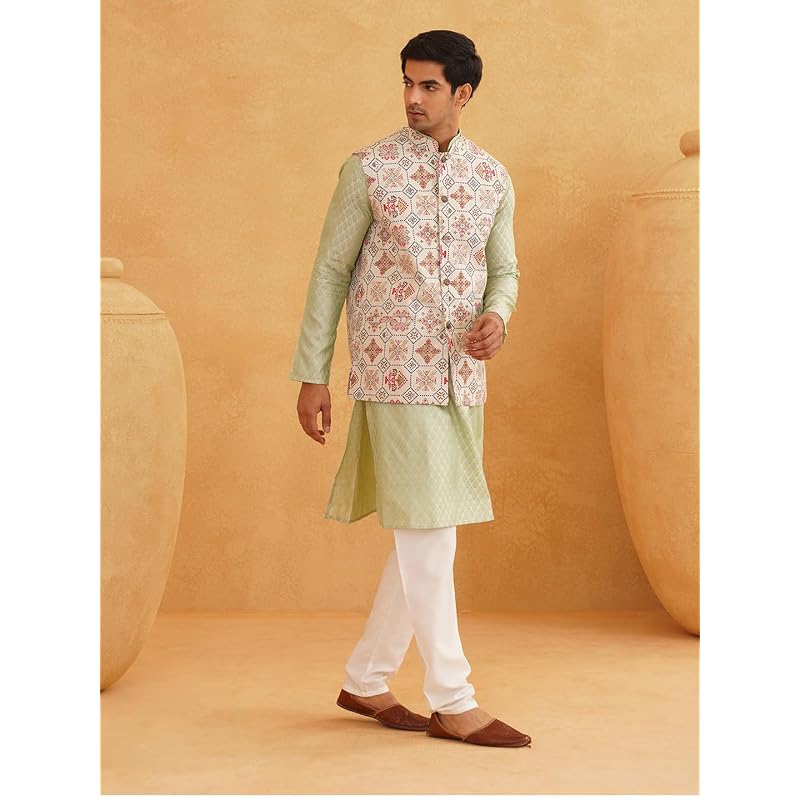 SOJANYA (Since Men' Silk Blend Self Design Pista Kurta with Pyjama & Nehru Jacket