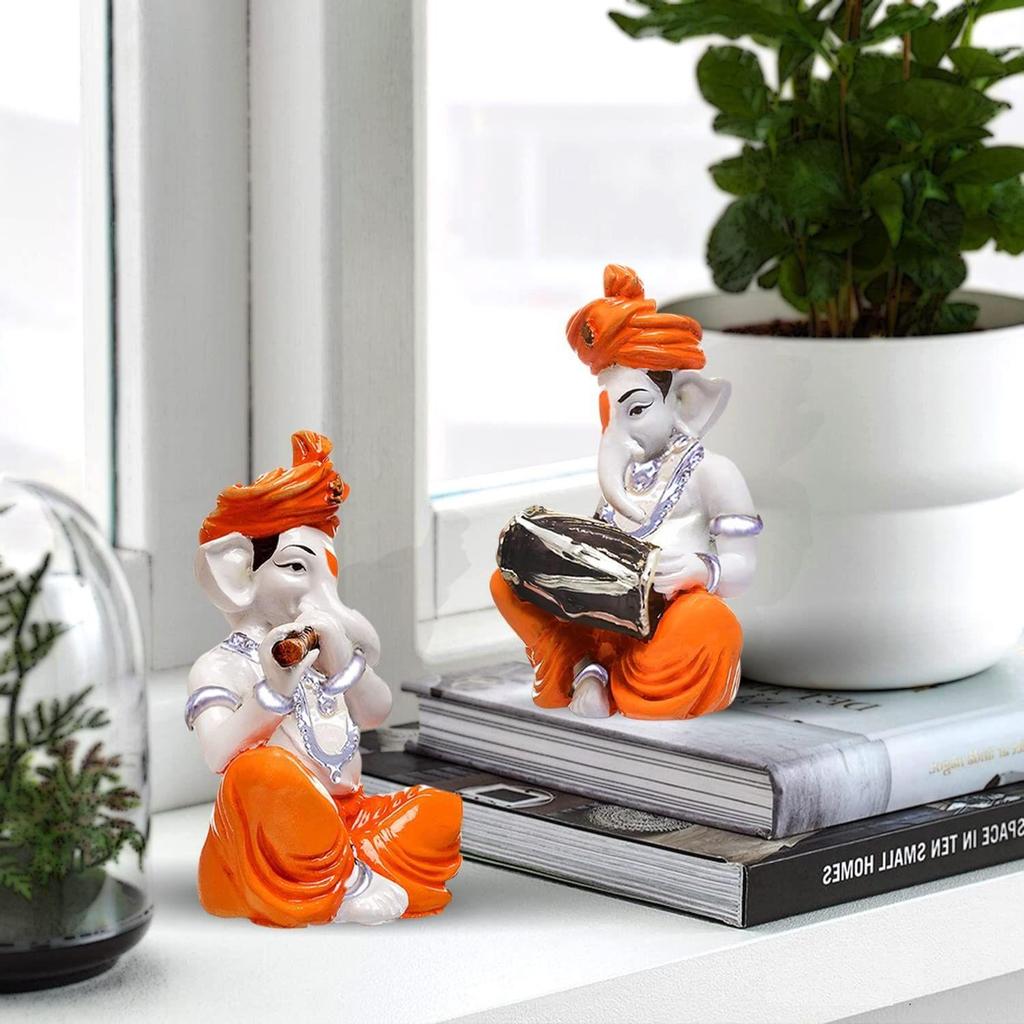 Musical Ganesha Pair for Home Decor | Brings Prosperity - (Orange and White, Pack of 2)(Resin)