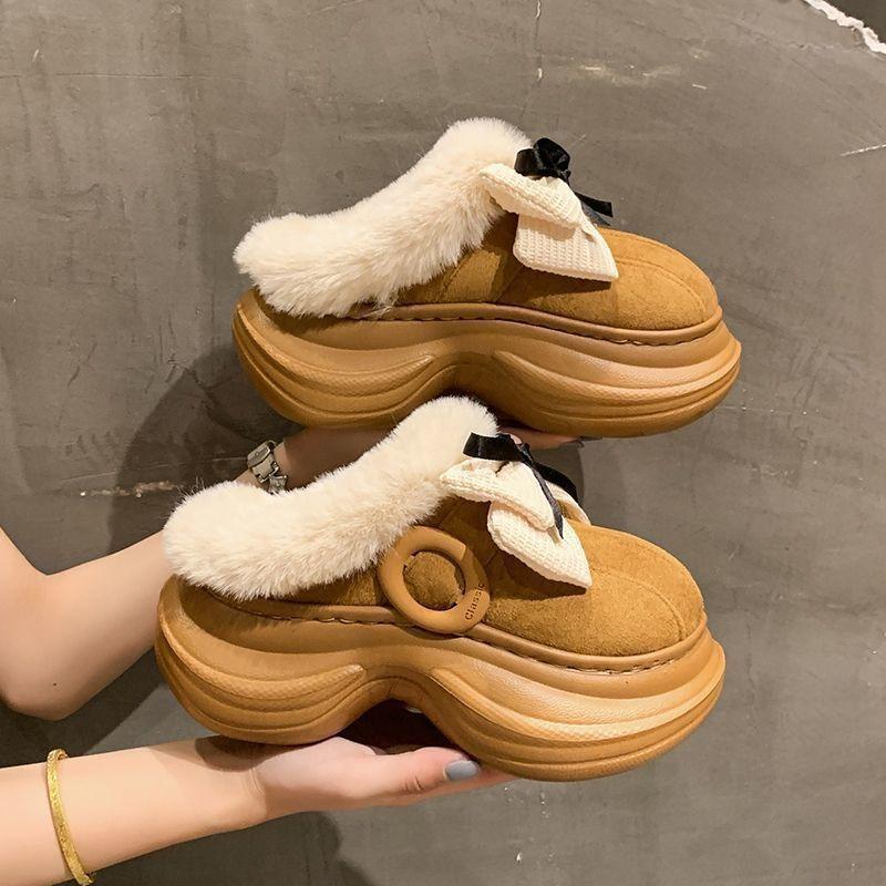 Baotou retro bow plush warm fluffy slippers women's non-slip cotton slippers women's autumn and winter new models