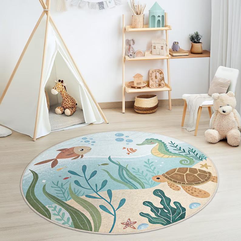 Vibrant Underwater World Rug Round Ocean Carpet with Turtle Seahorse & Fishes Colorful Marine Life Mat for Kids Room Beach Decor
