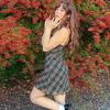 Party Style European and American Foreign Trade Women clothes off-Neck Tie Lining Ribbon Sexy Gyaru Plaid Sling Dress Fashion
