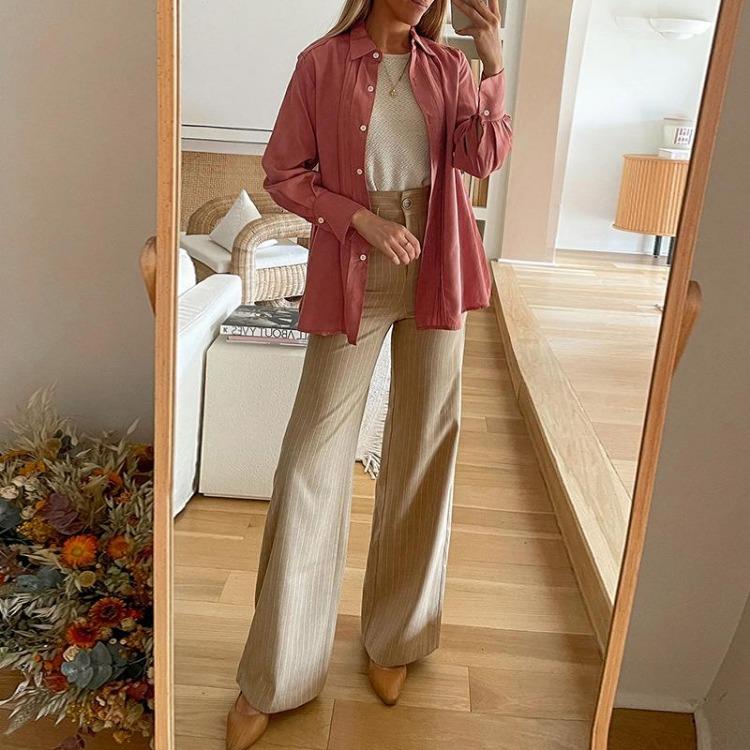 Women Solid Color Long Sleeve Casual Streetwear Top Blouse Tee Shirt Turndown Collar Ladies T-Shirt