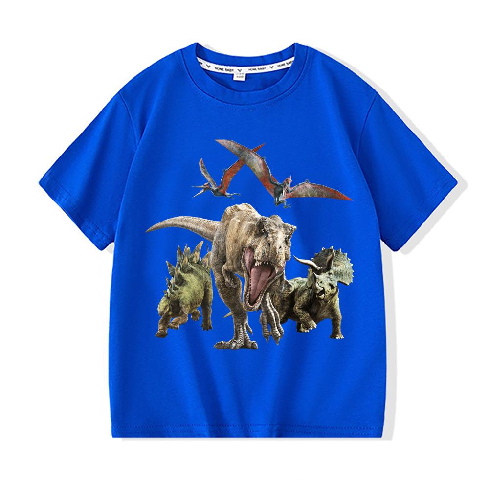 

Мир динозавров 100% хлопок мультяшные футболки детские милые для мальчиков и девочек с коротким рукавом дышащие каваий с круглым вырезом юрские футболки 130 синий