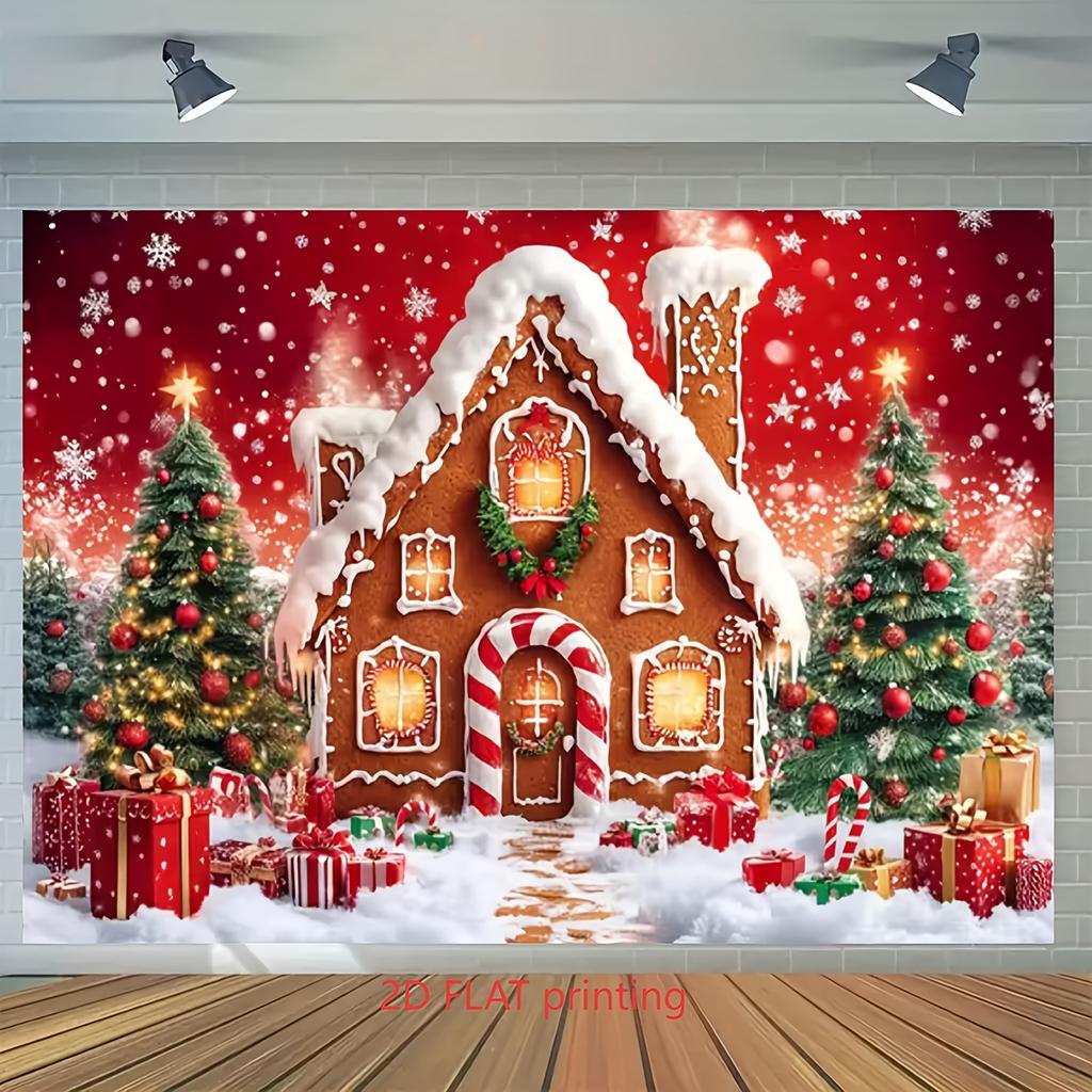 1pz Stoffa Sfondo Invernale Natalizio Albero di Natale Scatola Regalo Neve Casa di Pan di Zenzero Design Striscione Sfondo Festa