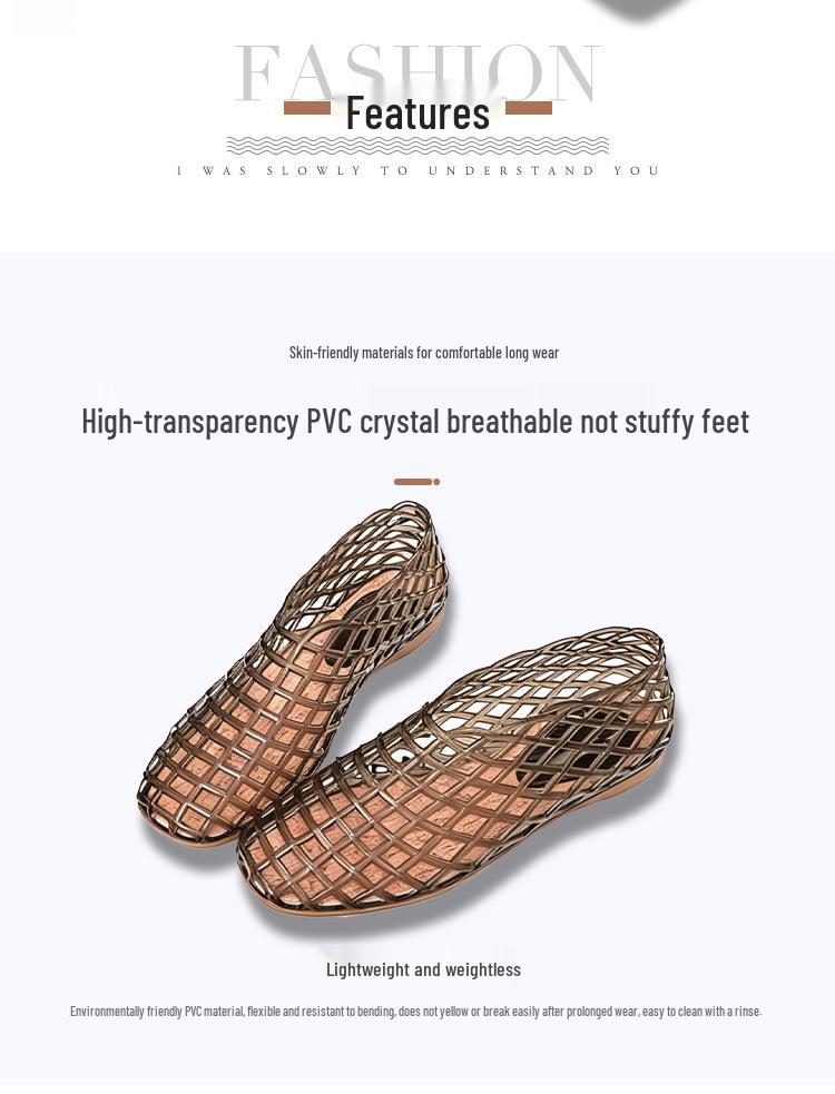 Korean Style Women's Fashion Flat Sandals - Solid Color, Hollow Design, Round Toe Mesh Jelly Beach Shoes
