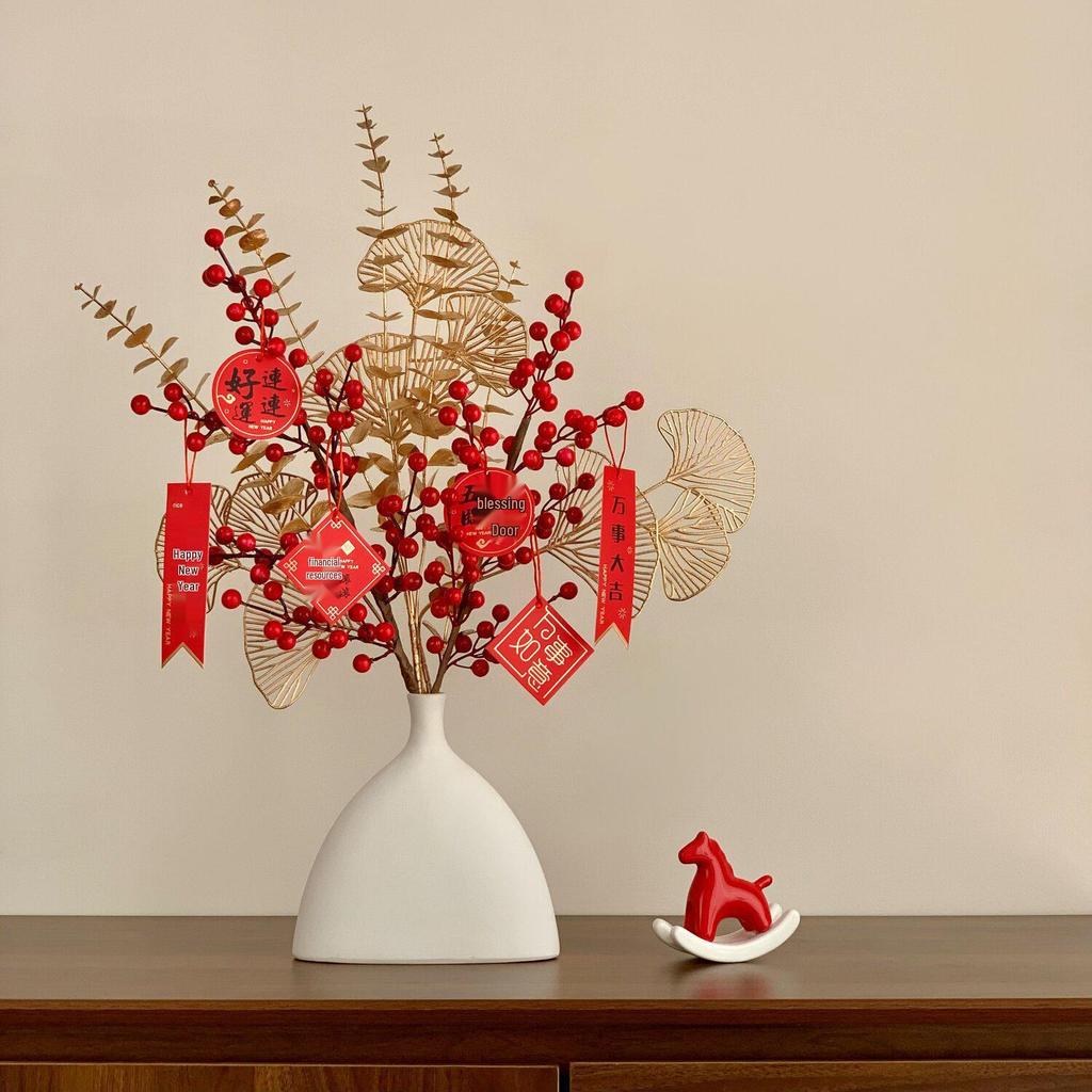 Chinese 'Fu' Character Ornament with Red Simulated Flowers – New Year Home Decoration for Living Room and Entrance Hall, Elegant Atmosphere Enhancer.