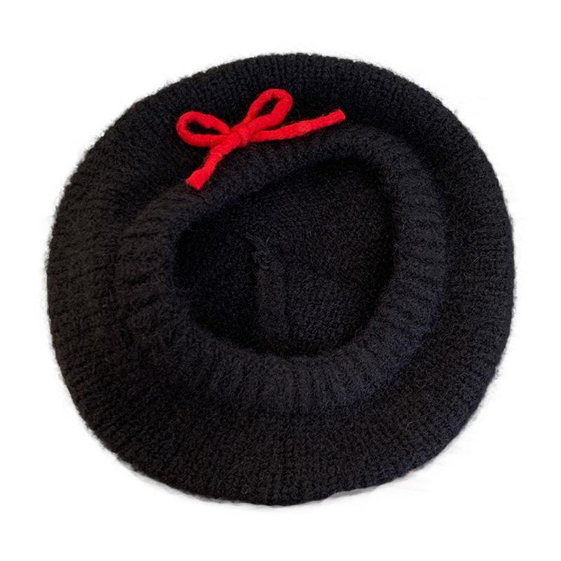 Bow knitted beret women's autumn and winter cold and warm wool hat big head circumference showing face small painter hat