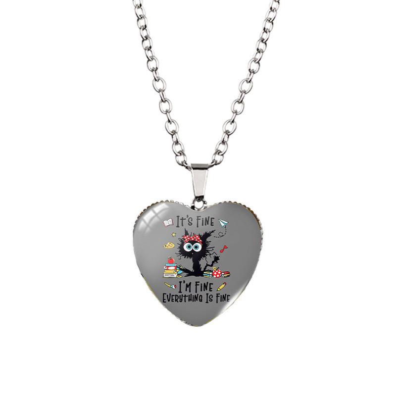 I'm Fine Everything Is Fine Heart Shaped Pendant Necklace Vintage Black Cat Design Fashionable Jewelry For All Genders
