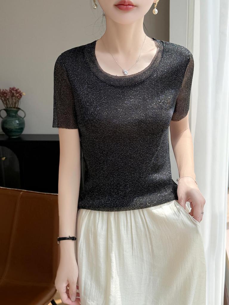 Women's Slimming Mesh Bright Silk Short Sleeve Top