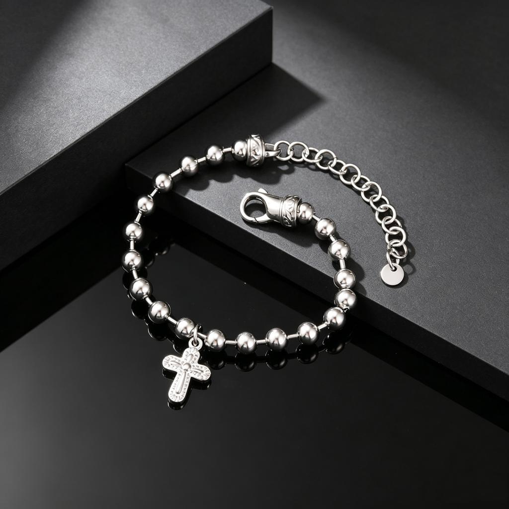 Silver Color Rosary Beads Chain Cross Pendant Bracelets, Stainless Steel Wristband Bracelet, Jewelry for Men Father's Day Gift