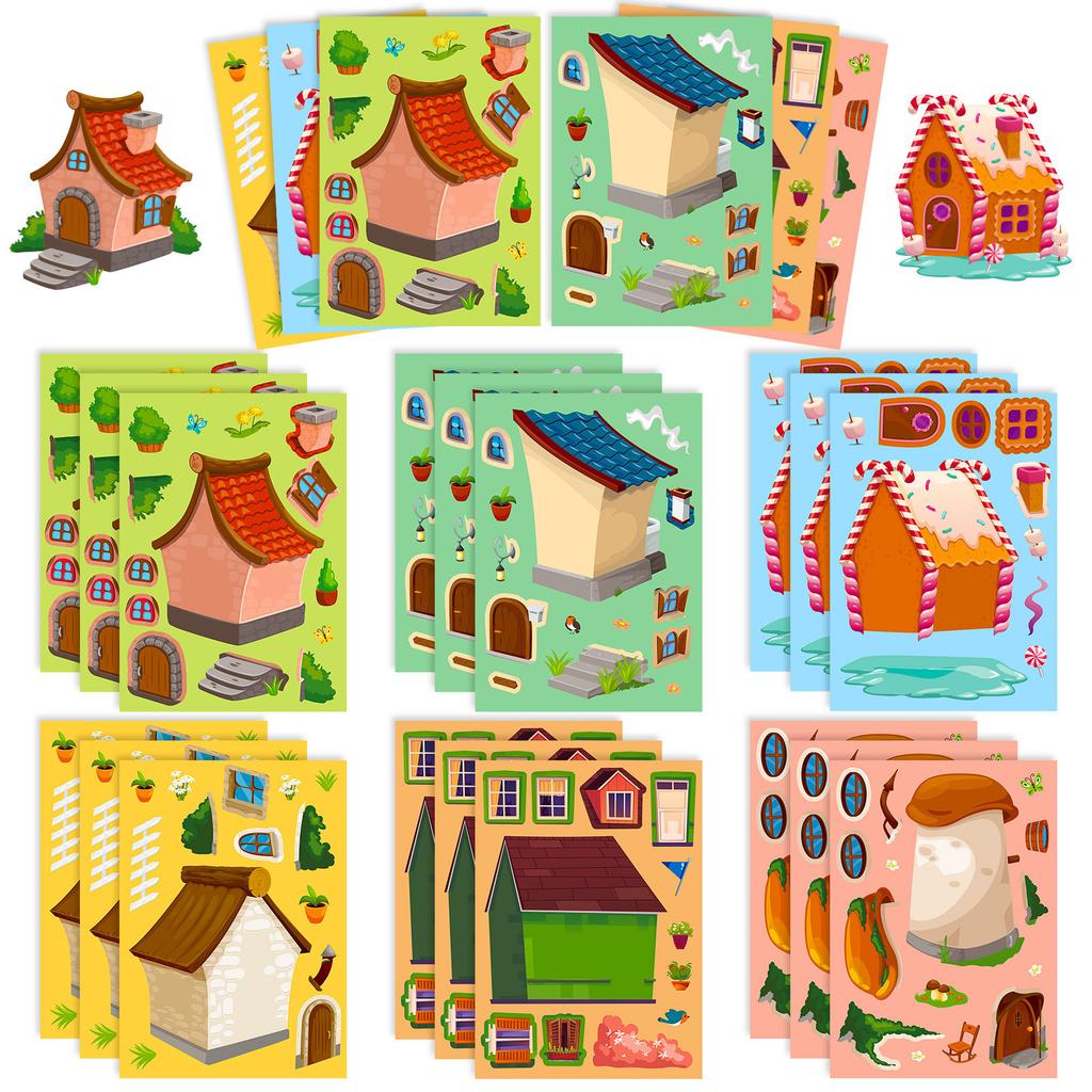 6 Pictures/package of Small House Face Change Stickers for Boys and Girls Children DIY Handmade Puzzle Small House Puzzle Stickers