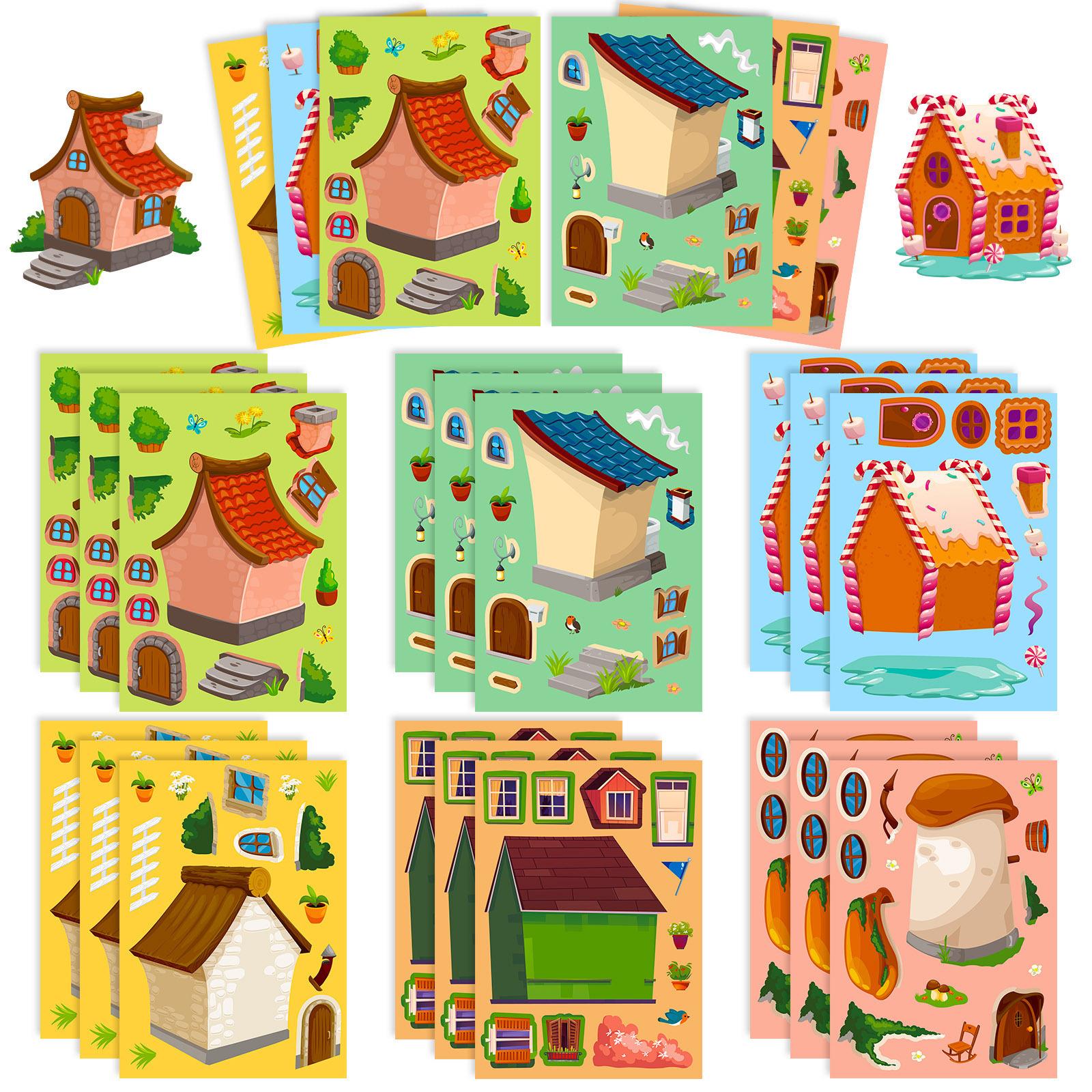 

6 Pictures/Package Of Compact House Face Change Decals For Boys And Girls Children Do-It-Yourself Handmade Puzzle Small House Puzzle Stickers