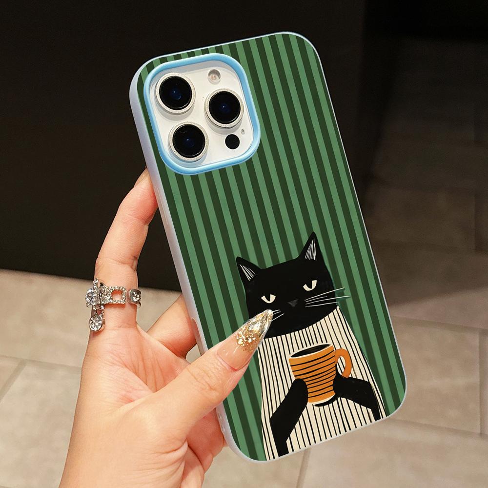Cute Coffee Cat Jelly Double layer Light Blue Mobile Phone Case for iPhone 17 16 15 14 13 12 11 Air Pro Max Plus Protective
