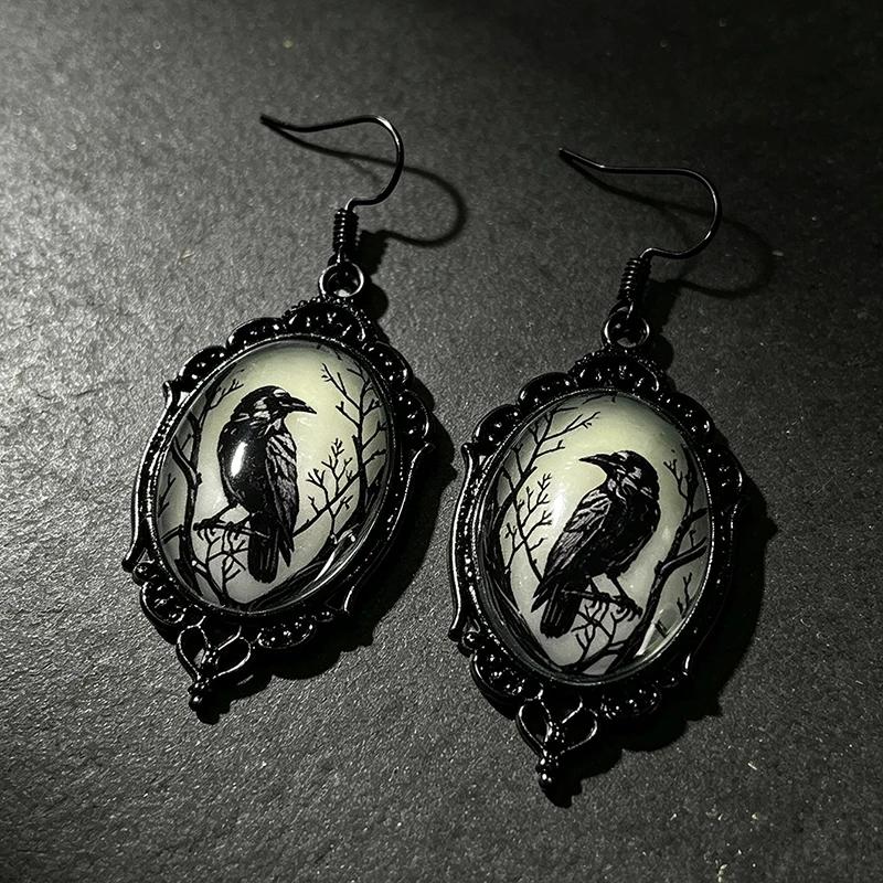Gothic Luminous Bat Crow Glass Dangle Earrings Vintage Black Metal Drop Jewelry For Women Halloween Party Accessory