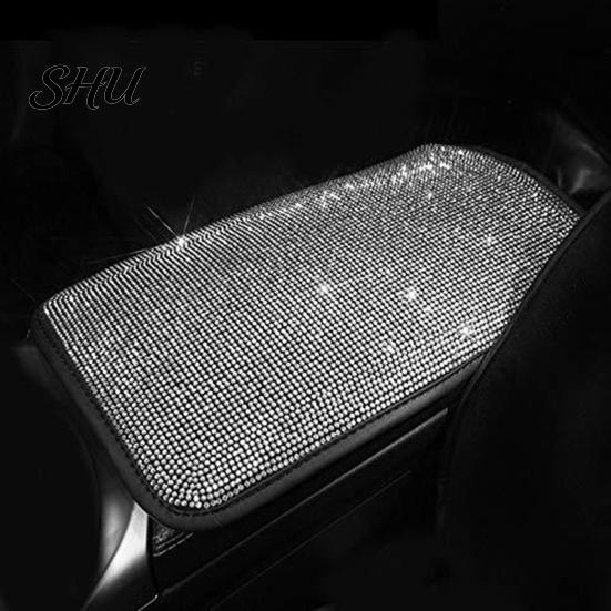 Removable Car Armrest Cover Bling Rhinestone Universal Rectangle Elastic Band Auto Cushion Center Console Protector Pad Mat Interior Accessories