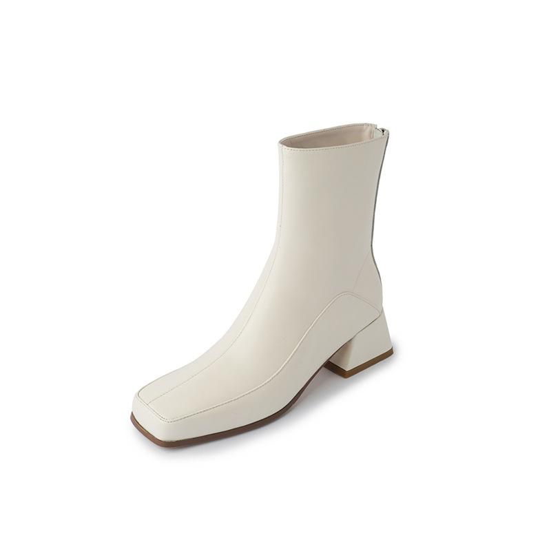 Women's boots thick heel square head short boots rear zipper leather boots versatile Korean women's leather boots