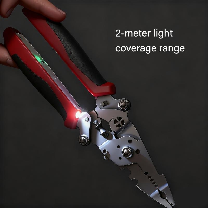 Space Saving Foldable Electrician Pliers Tool With Illumination For Wire Stripping Cutting And Crimping In Low Light