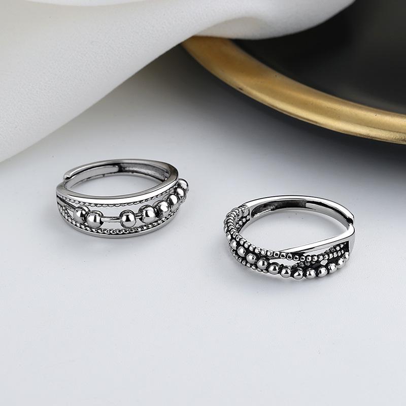 Adjustable Retro Polka Dot Beaded Couple Rings - European American Style In Thai Silver