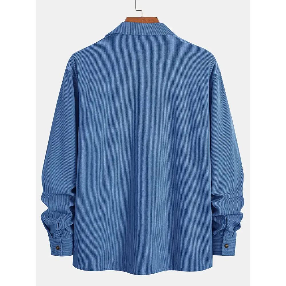 Men Corduroy Shirt Long Sleeve Plaid Solid Color Wrinkle Free Business Casual Slim Fit Top