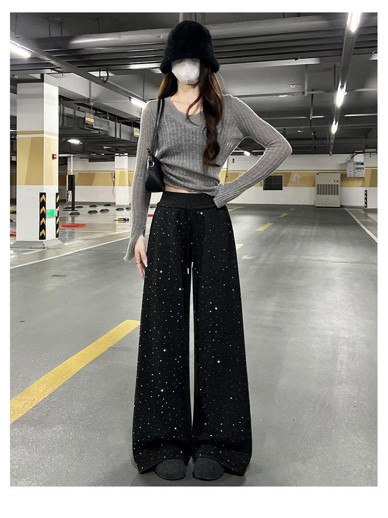 Women's High Waist Black Sequin Wide-Leg Pants - Spring 2026, Plus Velvet, Petite Drape, Straight Leg, New Arrival