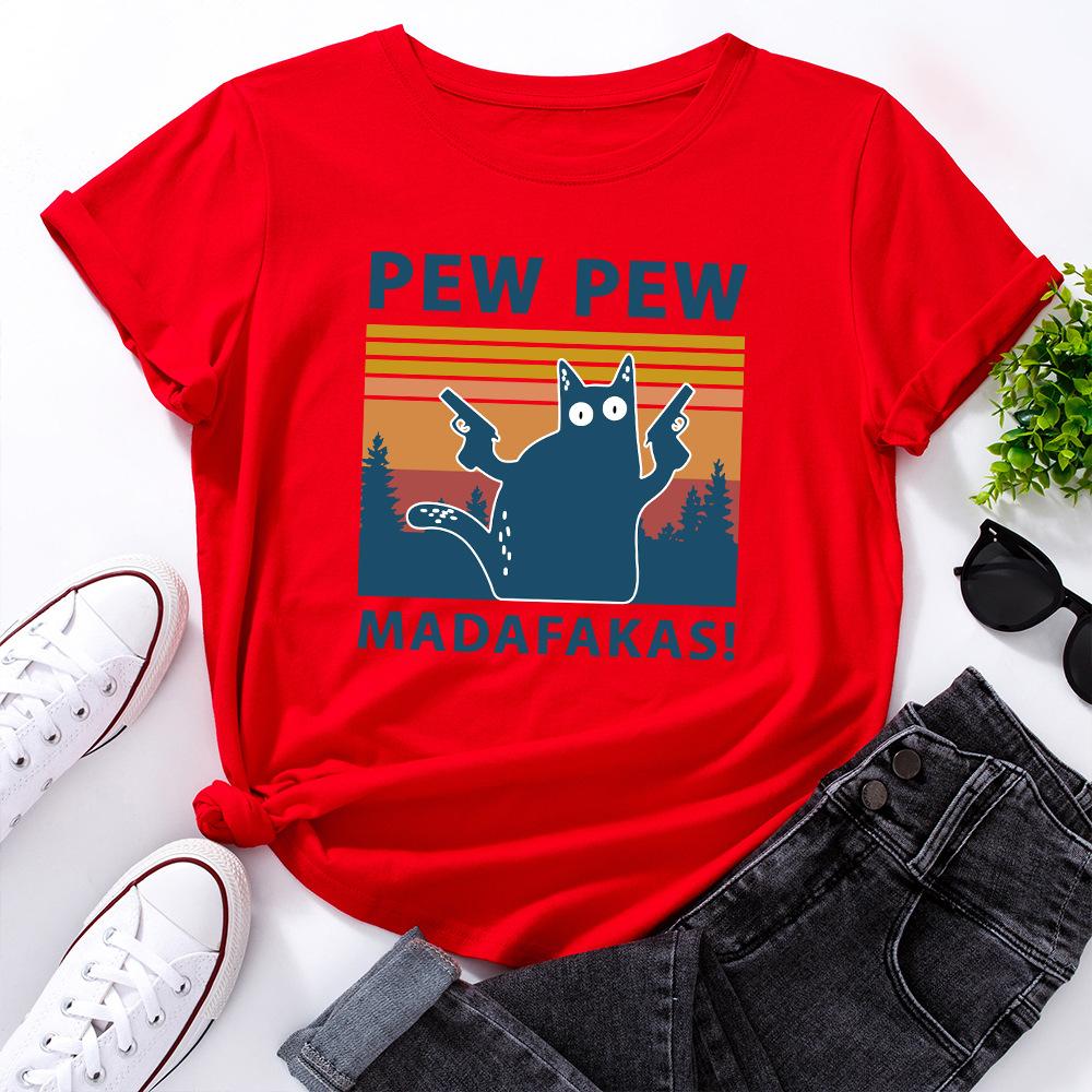 PEW Letters Cotton T-Shirt Short Sleeve Round Neck Women 2d Print Tops
