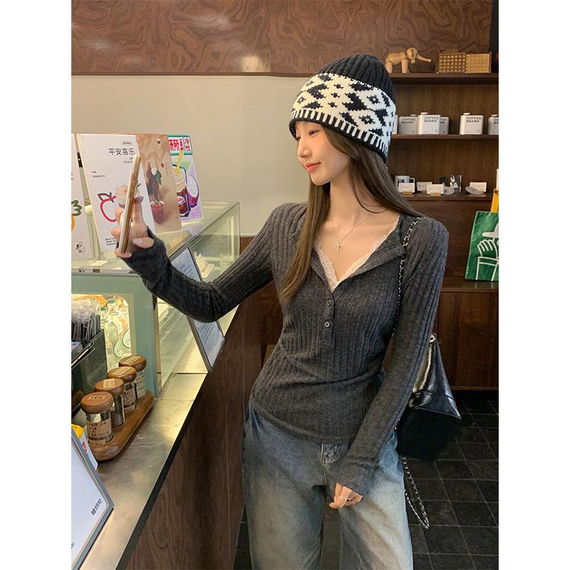 

Женская рубашка из двух частей с кружевными вставками и лацканами, с длинными рукавами, на осень и зиму, облегающая футболка с полуоткрытым воротником XL