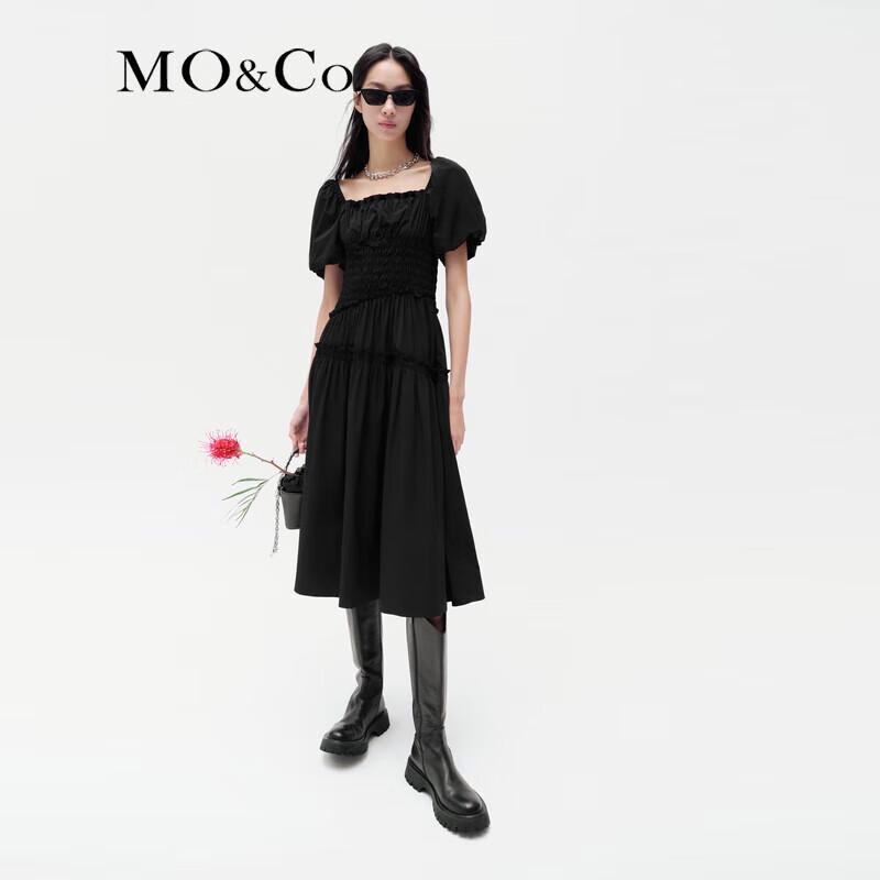 MO&Co. New Chinese Style Square Neck Puff Sleeve Gathered Midi Dress